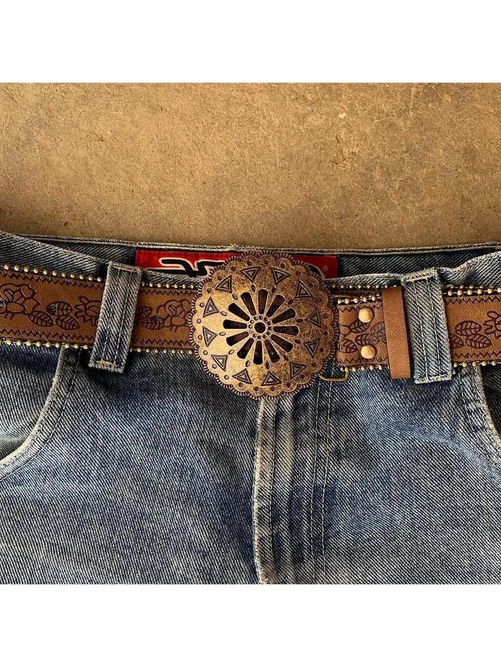 Y2k style American Western Belt Buckle vintage style floral gold beaded boho - Picture 2 of 8